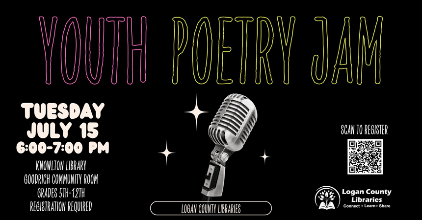Youth Poetry Jam and microphone on black background
